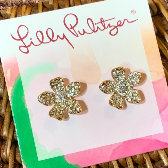 Lilly Pulitzer EARRINGS “Beach Club Blooms” CRYSTAL/ GOLD FLOWER 🩷 PIERCED POST - Picture 2 of 6